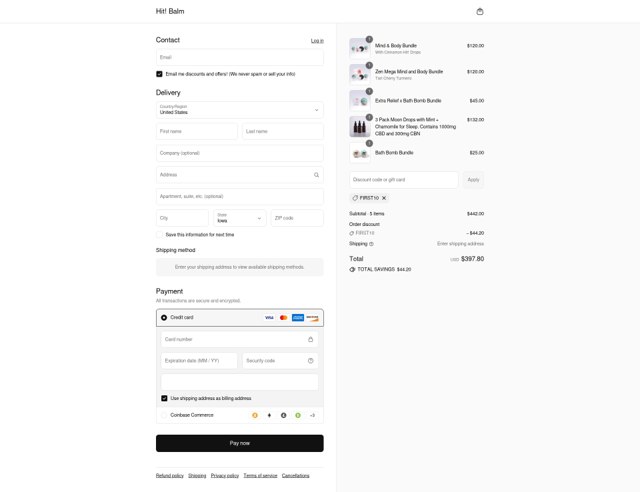 Hit! Balm checkout page showing Hit! Balm discount code box | Screenshot taken by SimplyCodes community member on Sep 6, 2025