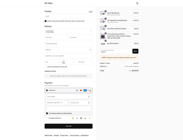 Hit! Balm checkout page showing Hit! Balm discount code box | Screenshot taken by SimplyCodes community member on Sep 6, 2025