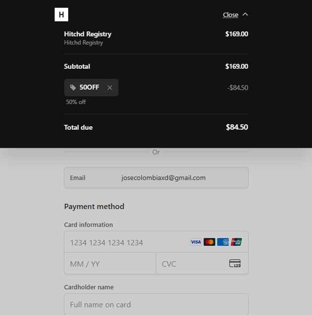 Hitchd checkout page showing Hitchd promo code box | Screenshot taken by SimplyCodes community member on Aug 26, 2025