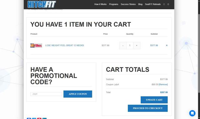 Hitch Fit checkout page showing Hitch Fit promo code box | Screenshot taken by SimplyCodes community member on Jul 29, 2025