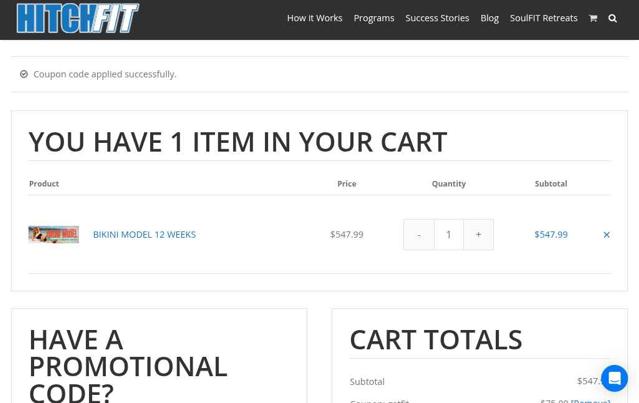 Hitch Fit checkout page showing Hitch Fit promo code box | Screenshot taken by SimplyCodes community member on Jul 1, 2025