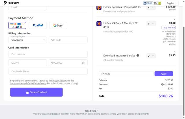 HitPaw checkout page showing HitPaw coupon code box | Screenshot taken by SimplyCodes community member on Aug 27, 2025