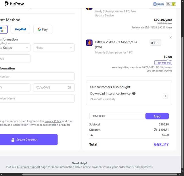HitPaw checkout page showing HitPaw coupon code box | Screenshot taken by SimplyCodes community member on Sep 1, 2025