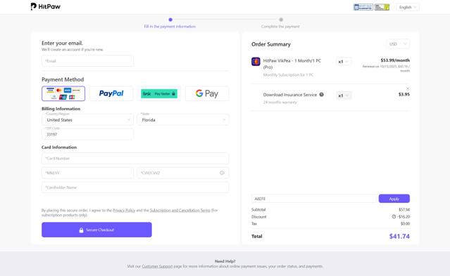 HitPaw checkout page showing HitPaw coupon code box | Screenshot taken by SimplyCodes community member on Sep 15, 2025