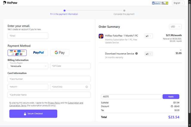 HitPaw checkout page showing HitPaw coupon code box | Screenshot taken by SimplyCodes community member on Aug 26, 2025