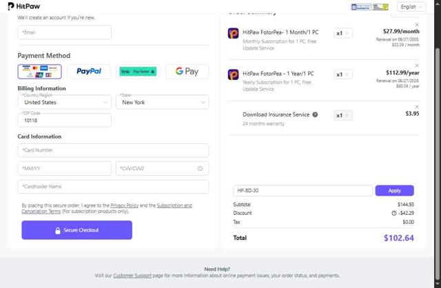 HitPaw checkout page showing HitPaw coupon code box | Screenshot taken by SimplyCodes community member on Aug 27, 2025