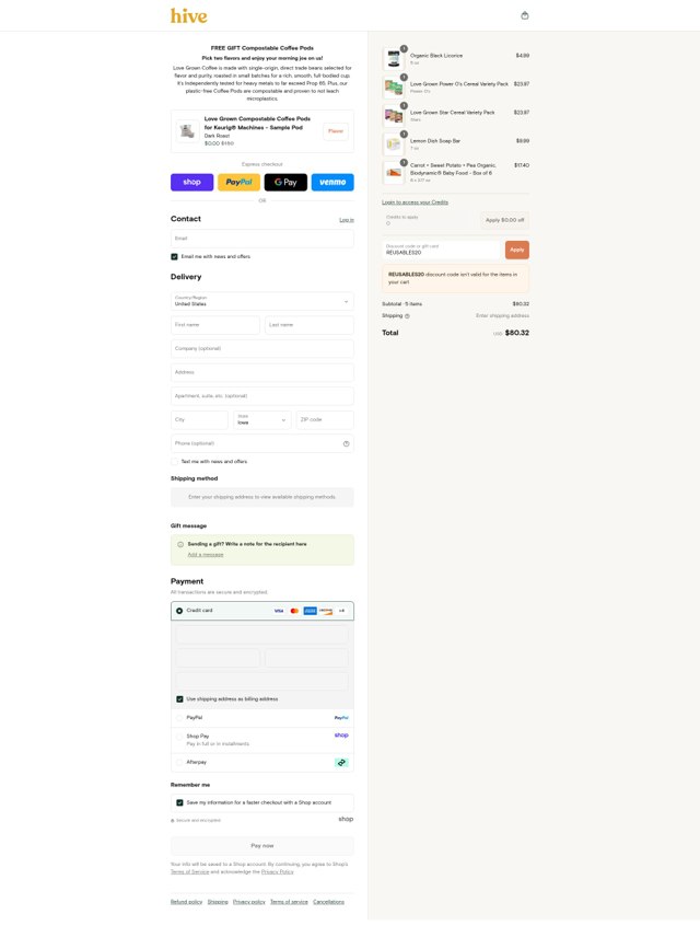 Hive Brands checkout page showing Hive Brands discount code box | Screenshot taken by SimplyCodes community member on Sep 4, 2025