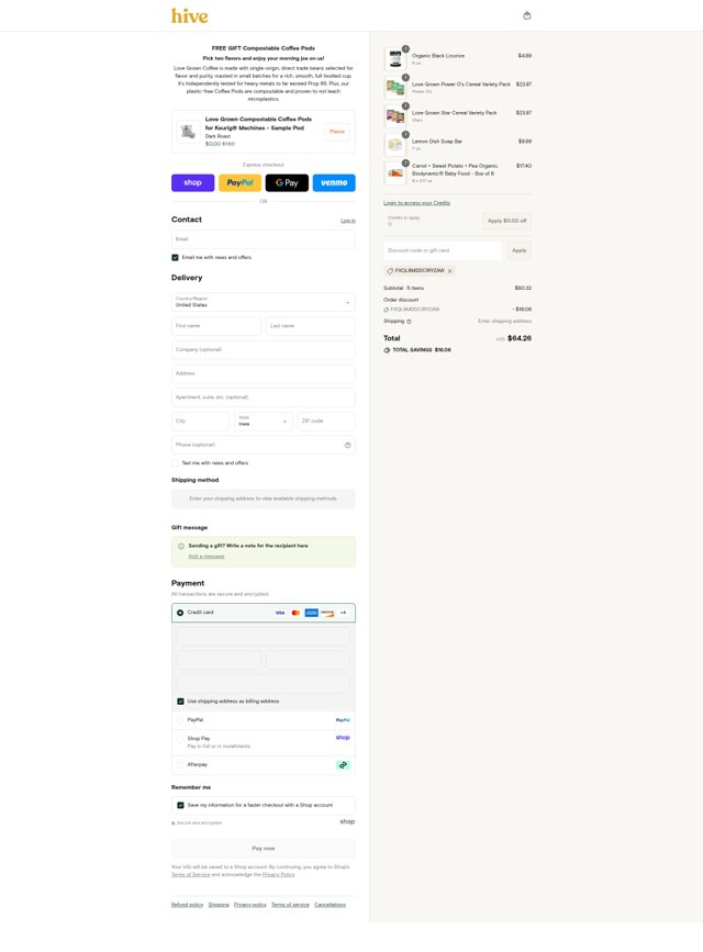 Hive Brands checkout page showing Hive Brands discount code box | Screenshot taken by SimplyCodes community member on Sep 4, 2025