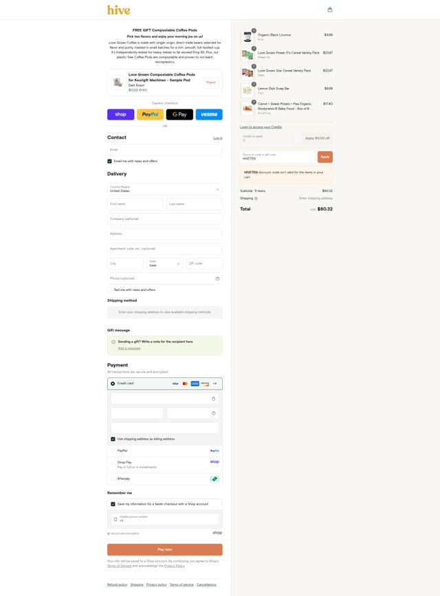 Hive Brands checkout page showing Hive Brands discount code box | Screenshot taken by SimplyCodes community member on Sep 4, 2025