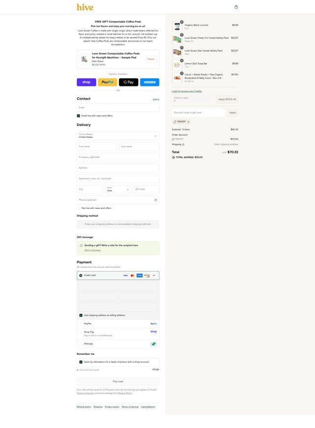 Hive Brands checkout page showing Hive Brands discount code box | Screenshot taken by SimplyCodes community member on Sep 4, 2025