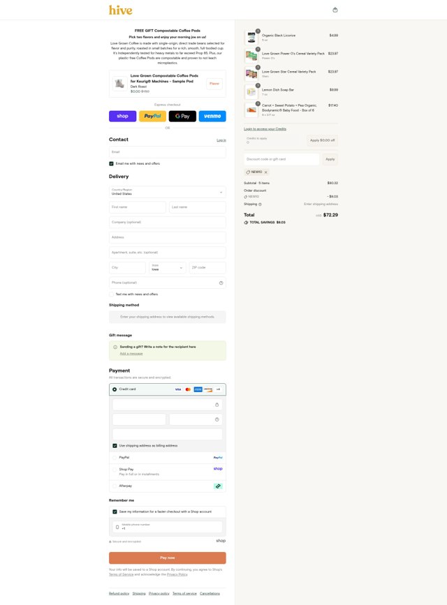 Hive Brands checkout page showing Hive Brands discount code box | Screenshot taken by SimplyCodes community member on Sep 4, 2025