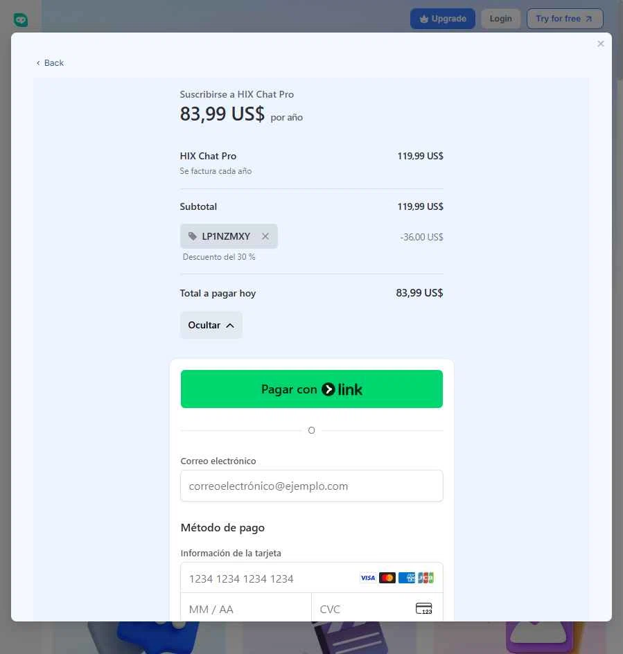 HIX.AI checkout page showing HIX.AI promo code box | Screenshot taken by SimplyCodes community member on Nov 17, 2025