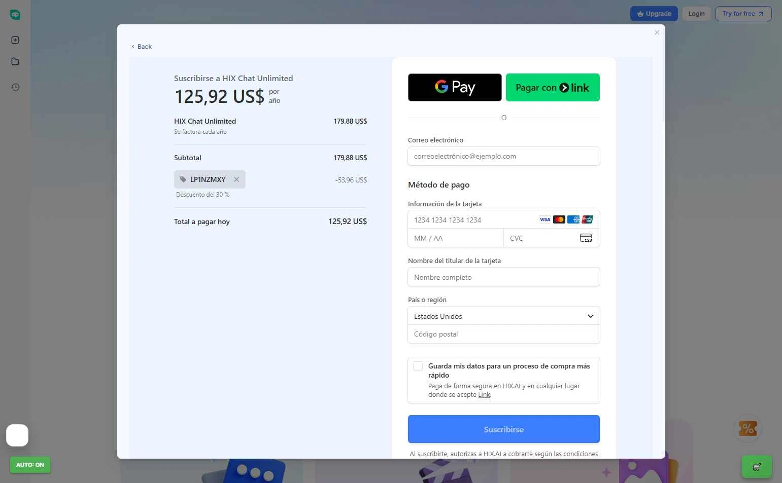 HIX.AI checkout page showing HIX.AI promo code box | Screenshot taken by SimplyCodes community member on Jan 5, 2026