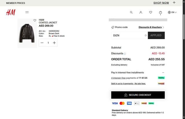 H&M checkout page showing H&M promo code box | Screenshot taken by SimplyCodes community member on Aug 28, 2025