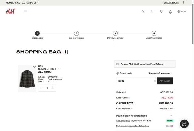H&M checkout page showing H&M promo code box | Screenshot taken by SimplyCodes community member on Sep 30, 2025