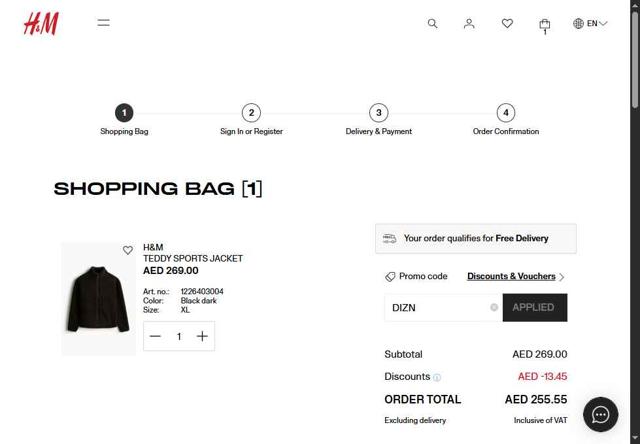 H&M checkout page showing H&M promo code box | Screenshot taken by SimplyCodes community member on Sep 25, 2025
