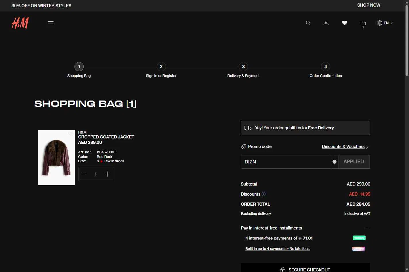 H&M checkout page showing H&M promo code box | Screenshot taken by SimplyCodes community member on Dec 9, 2025