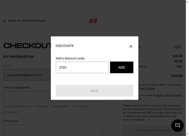 H&M checkout page showing H&M promo code box | Screenshot taken by SimplyCodes community member on Aug 18, 2025