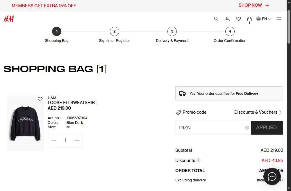 H&M checkout page showing H&M promo code box | Screenshot taken by SimplyCodes community member on Dec 26, 2025