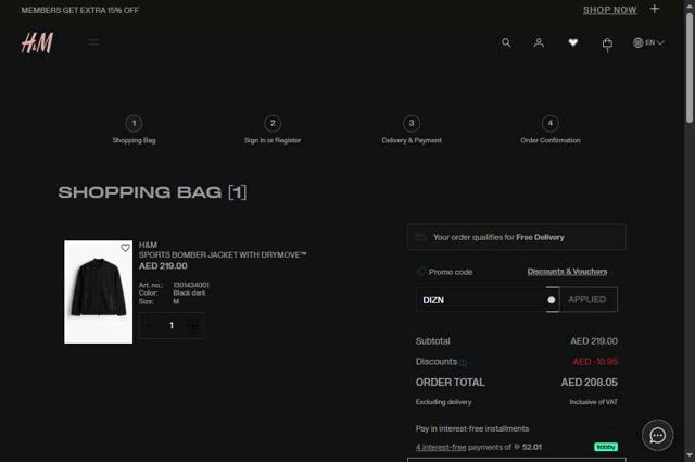 H&M checkout page showing H&M promo code box | Screenshot taken by SimplyCodes community member on Sep 30, 2025