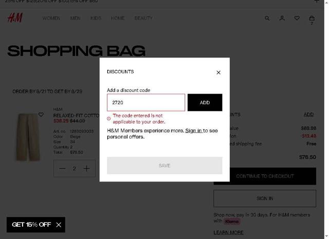 H&M checkout page showing H&M promo code box | Screenshot taken by SimplyCodes community member on Aug 22, 2025