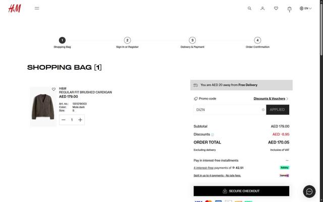 H&M checkout page showing H&M promo code box | Screenshot taken by SimplyCodes community member on Sep 18, 2025