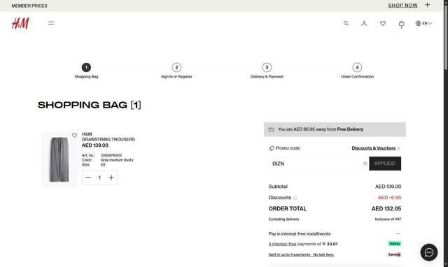 H&M checkout page showing H&M promo code box | Screenshot taken by SimplyCodes community member on Sep 8, 2025