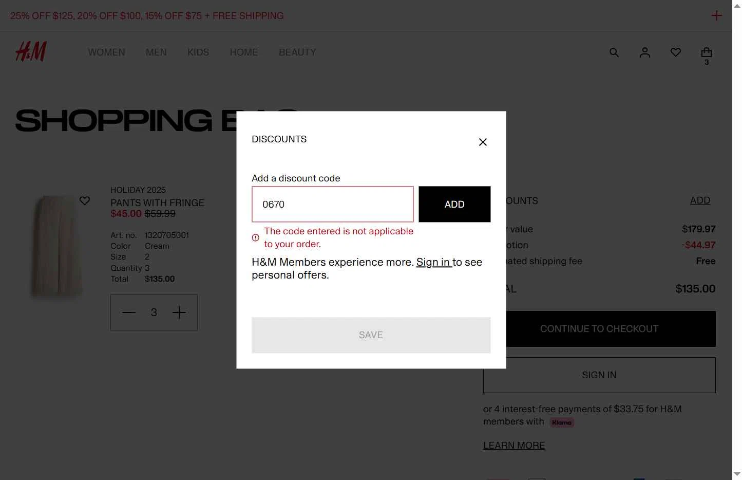 H&M checkout page showing H&M promo code box | Screenshot taken by SimplyCodes community member on Dec 6, 2025