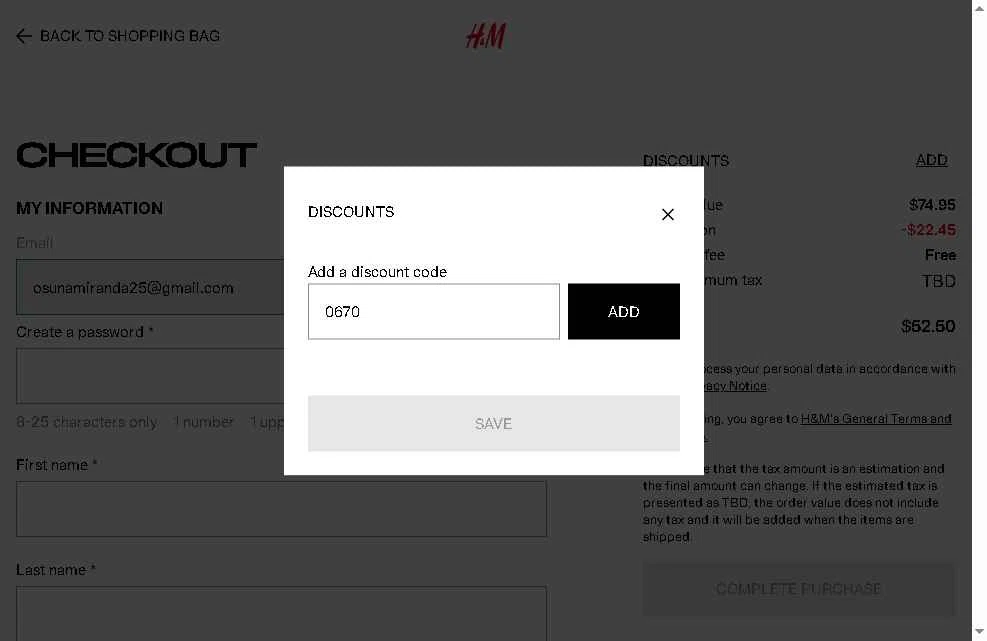 H&M checkout page showing H&M promo code box | Screenshot taken by SimplyCodes community member on Nov 27, 2025