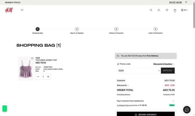 H&M checkout page showing H&M promo code box | Screenshot taken by SimplyCodes community member on Sep 4, 2025