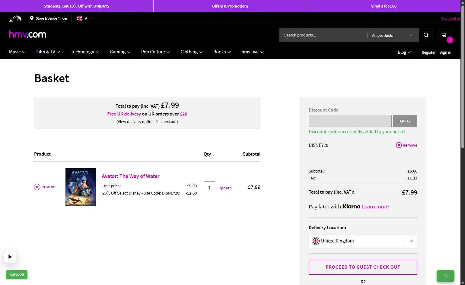 HMV checkout page showing HMV discount code box | Screenshot taken by SimplyCodes community member on Feb 11, 2026