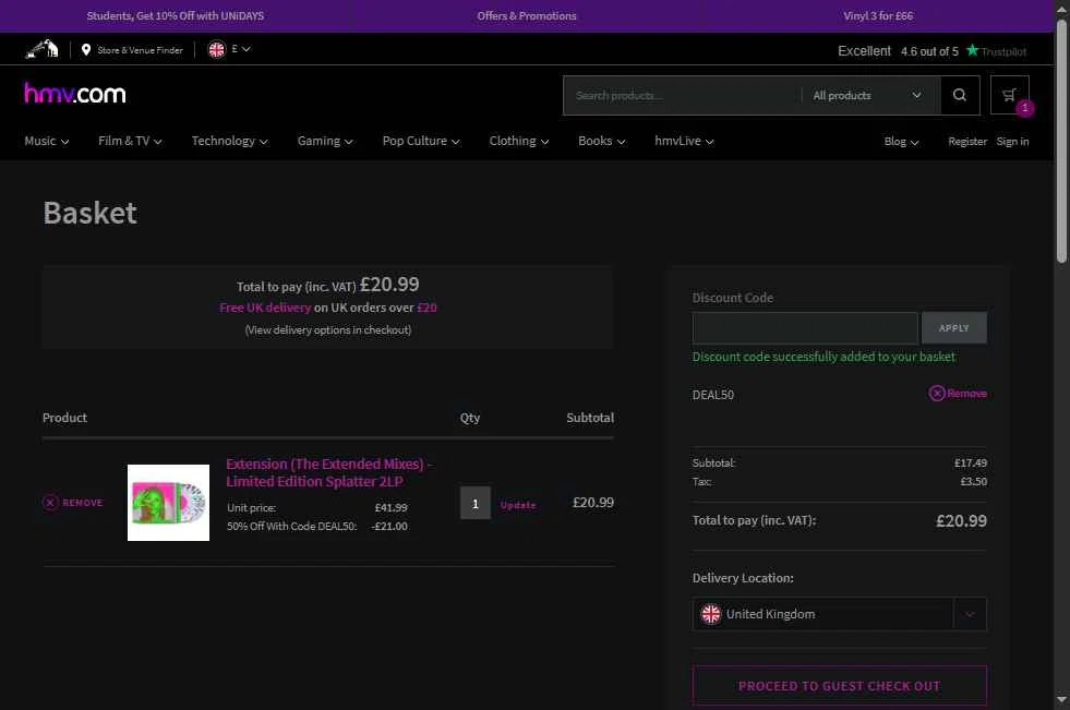HMV checkout page showing HMV discount code box | Screenshot taken by SimplyCodes community member on Feb 11, 2026