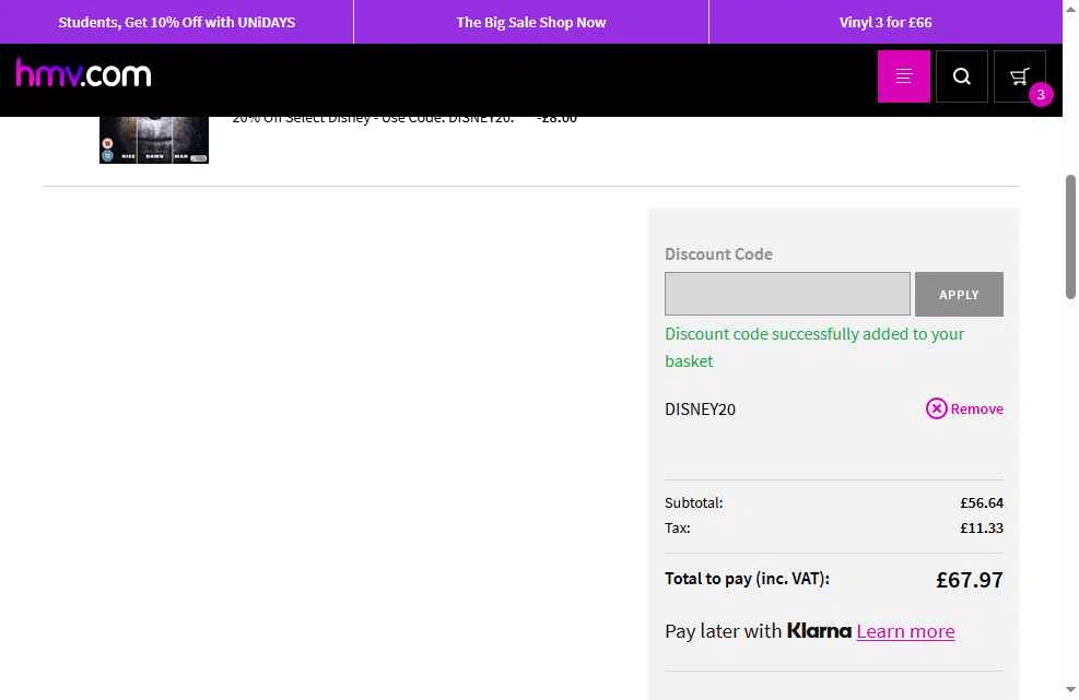 HMV checkout page showing HMV discount code box | Screenshot taken by SimplyCodes community member on Dec 24, 2025