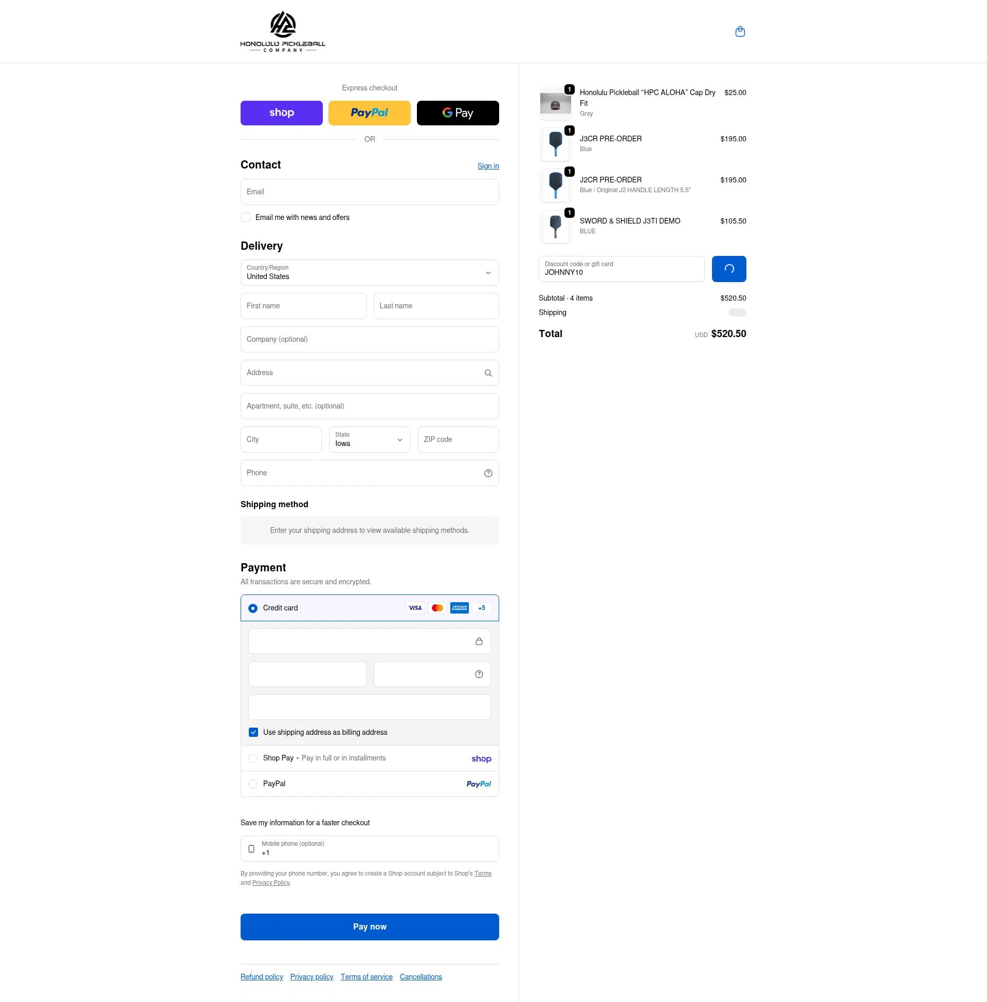 Honolulu Pickleball Company checkout page showing Honolulu Pickleball Company discount code box | Screenshot taken by SimplyCodes community member on Feb 20, 2026