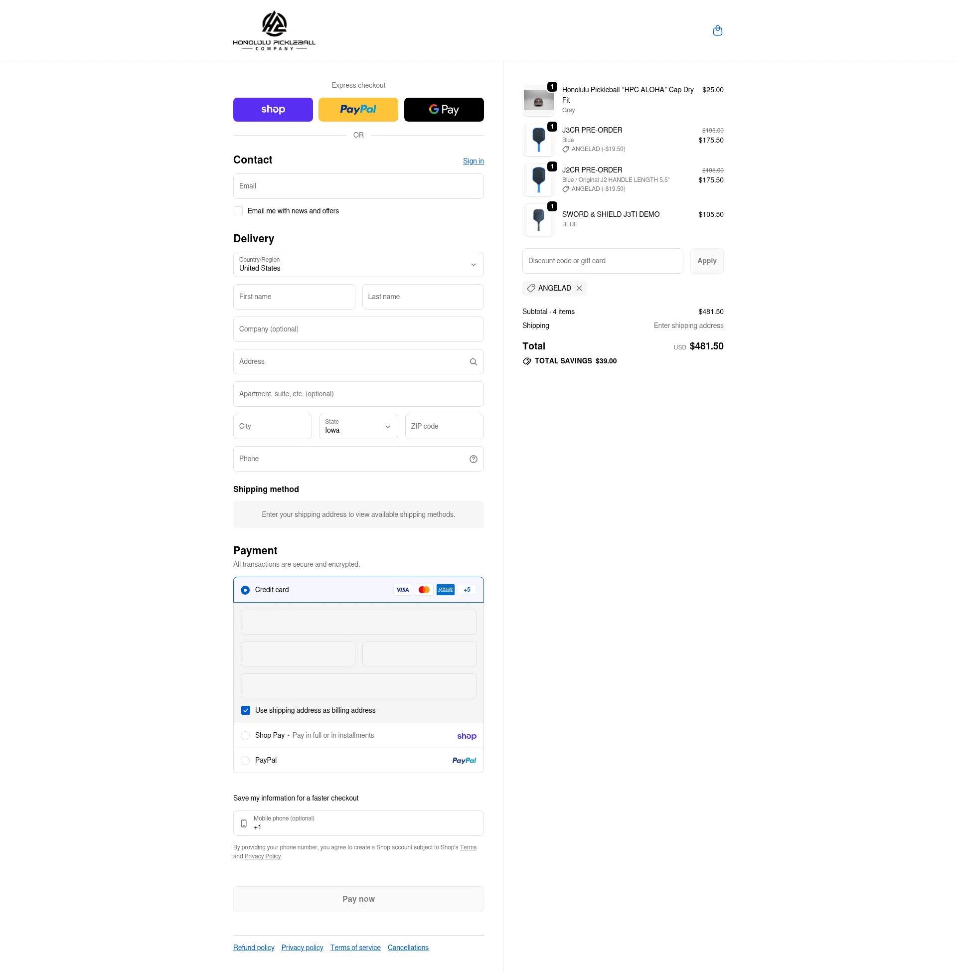 Honolulu Pickleball Company checkout page showing Honolulu Pickleball Company discount code box | Screenshot taken by SimplyCodes community member on Feb 20, 2026