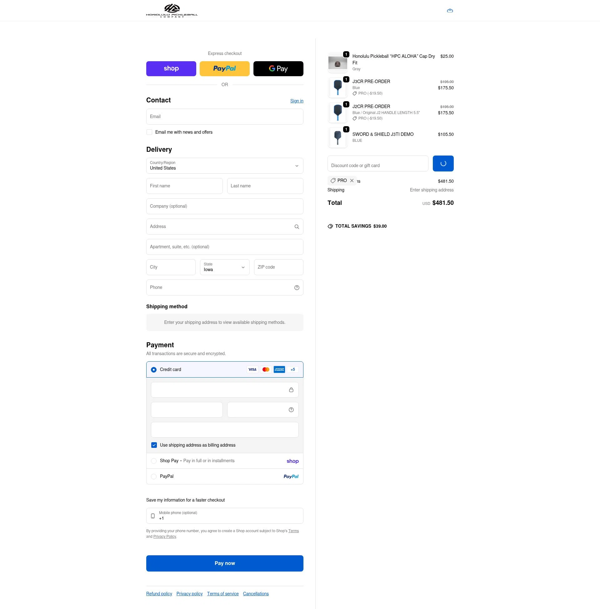 Honolulu Pickleball Company checkout page showing Honolulu Pickleball Company discount code box | Screenshot taken by SimplyCodes community member on Feb 20, 2026
