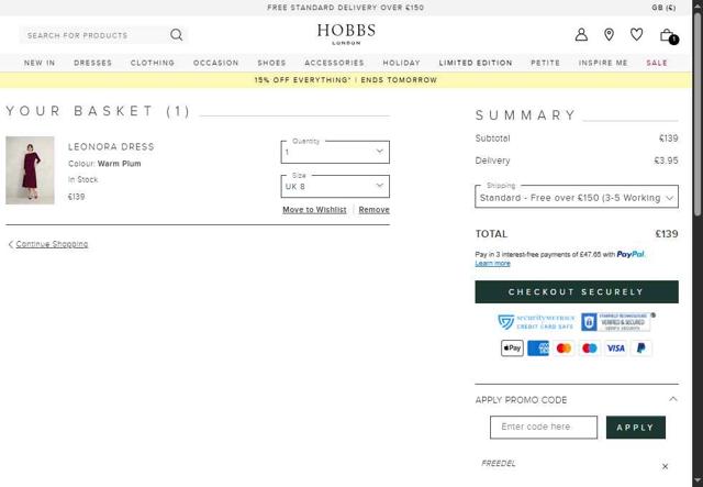Hobbs checkout page showing Hobbs discount code box | Screenshot taken by SimplyCodes community member on Apr 29, 2025