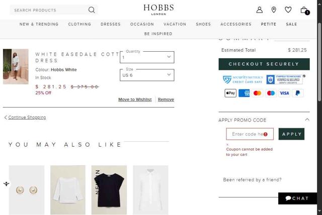 Hobbs checkout page showing Hobbs discount code box | Screenshot taken by SimplyCodes community member on May 1, 2025