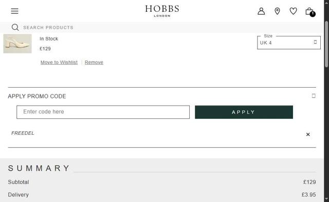 Hobbs checkout page showing Hobbs discount code box | Screenshot taken by SimplyCodes community member on May 14, 2025