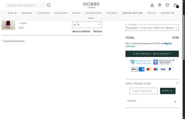 Hobbs checkout page showing Hobbs discount code box | Screenshot taken by SimplyCodes community member on May 14, 2025