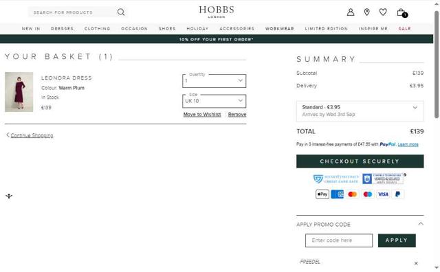 Hobbs checkout page showing Hobbs discount code box | Screenshot taken by SimplyCodes community member on Aug 27, 2025