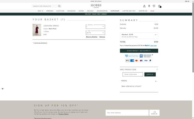 Hobbs checkout page showing Hobbs discount code box | Screenshot taken by SimplyCodes community member on Aug 27, 2025