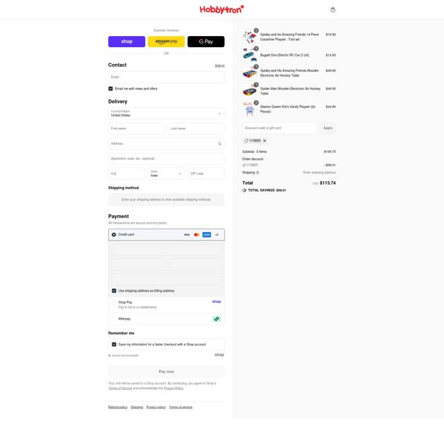 HobbyTron checkout page showing HobbyTron coupon code box | Screenshot taken by SimplyCodes community member on Sep 12, 2025