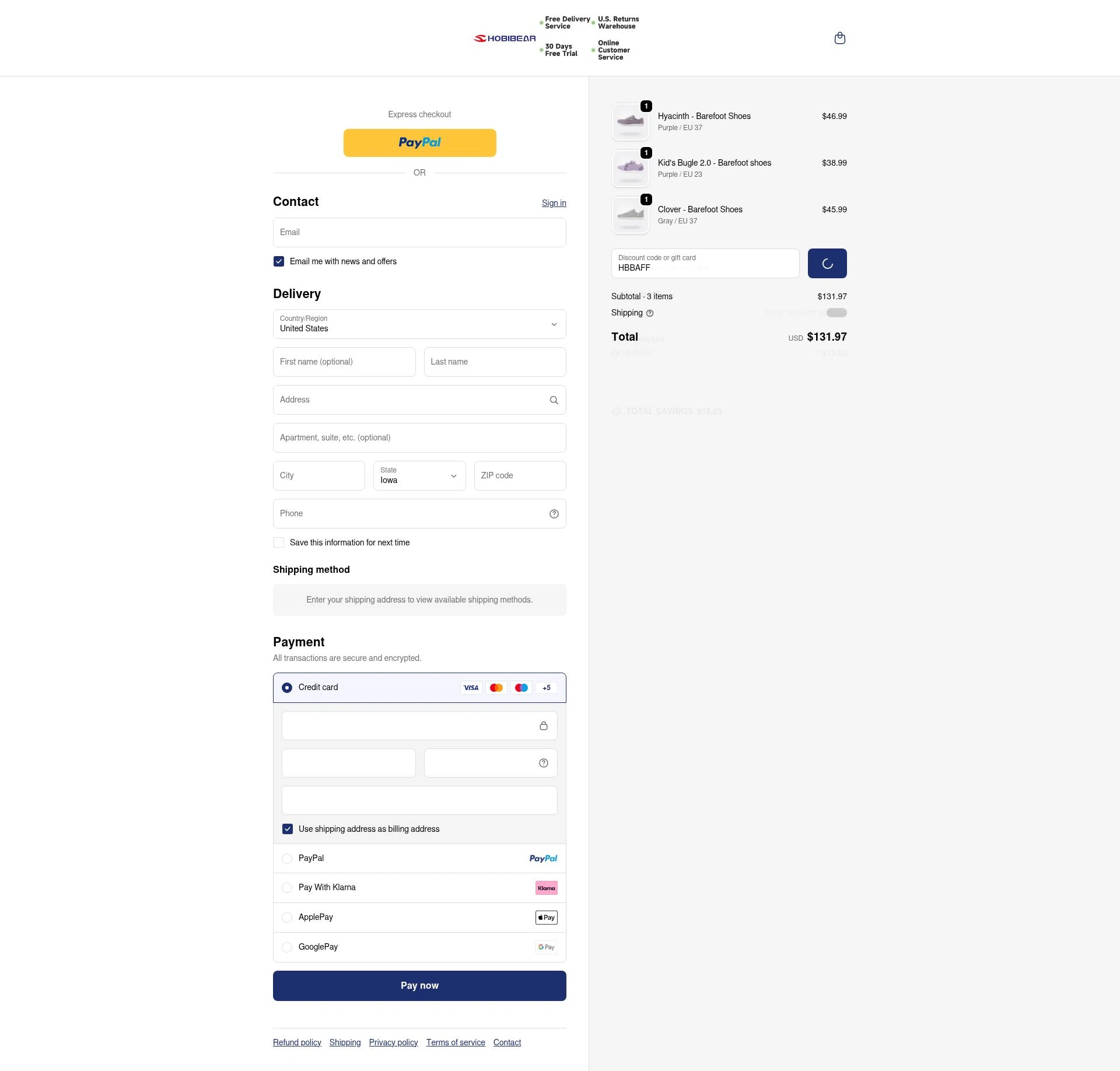 Hobibear checkout page showing Hobibear discount code box | Screenshot taken by SimplyCodes community member on Jan 1, 2026
