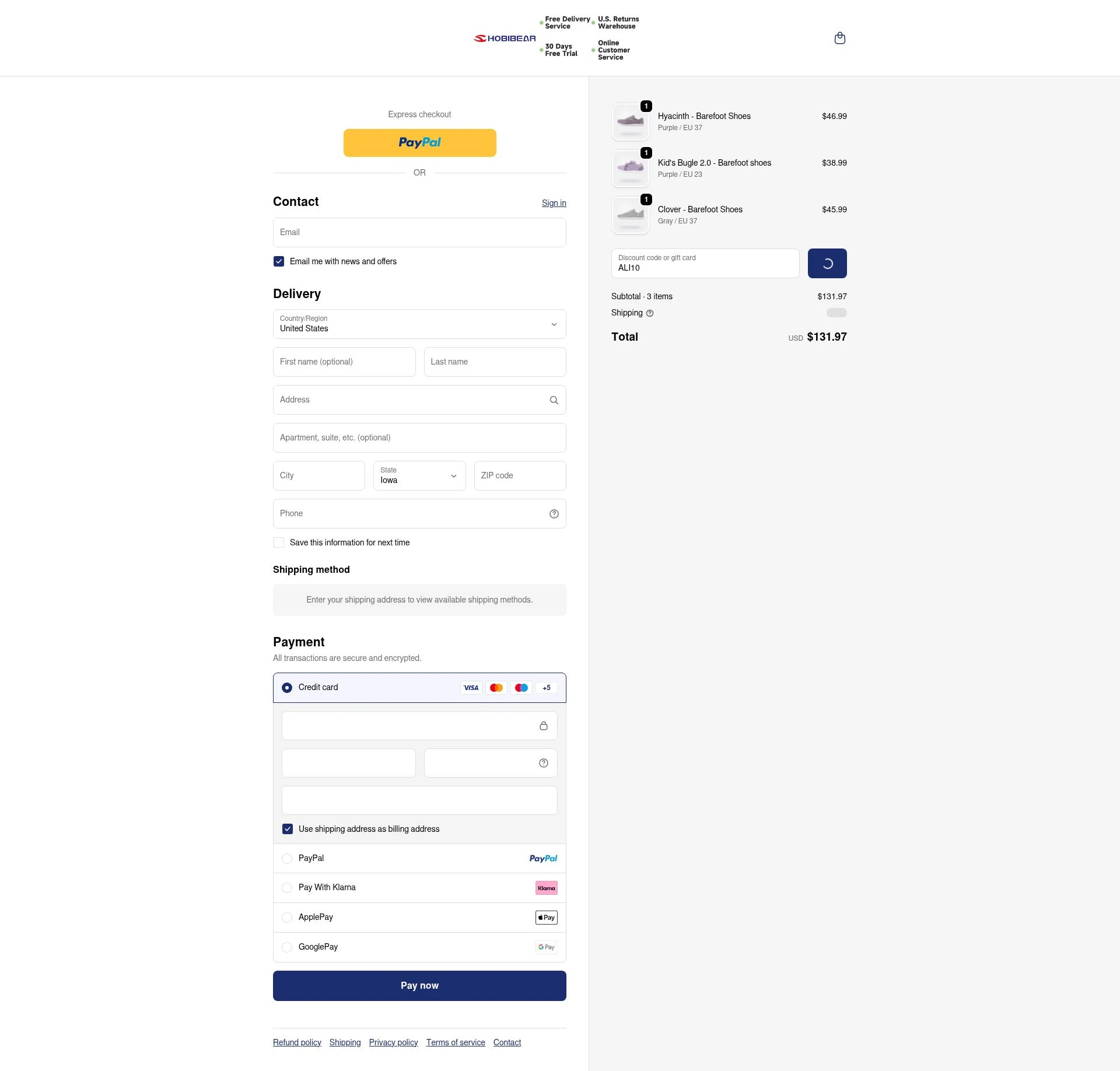 Hobibear checkout page showing Hobibear discount code box | Screenshot taken by SimplyCodes community member on Jan 1, 2026