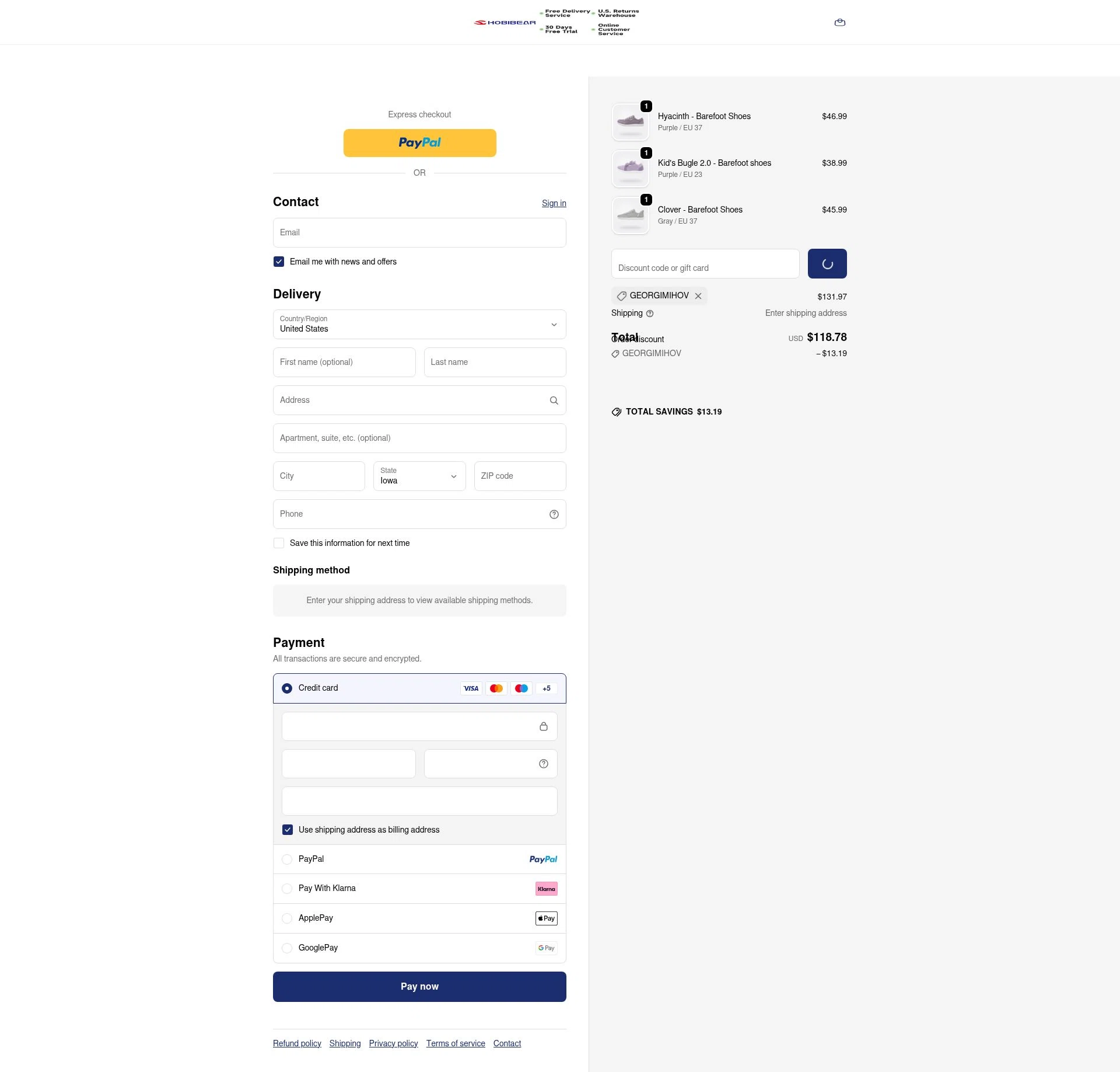 Hobibear checkout page showing Hobibear discount code box | Screenshot taken by SimplyCodes community member on Jan 1, 2026