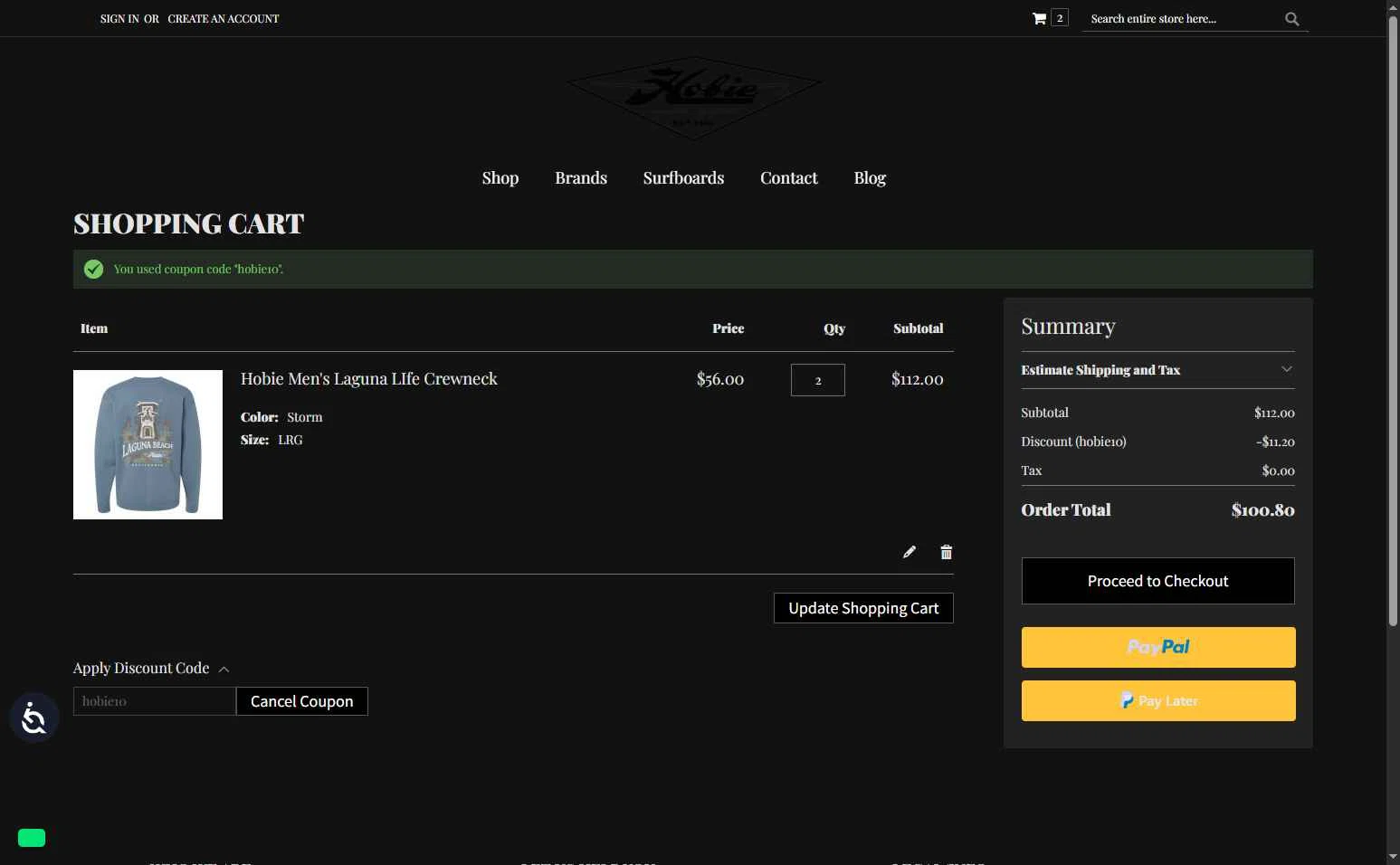Hobie Surf Shop checkout page showing Hobie Surf Shop discount code box | Screenshot taken by SimplyCodes community member on Aug 18, 2025