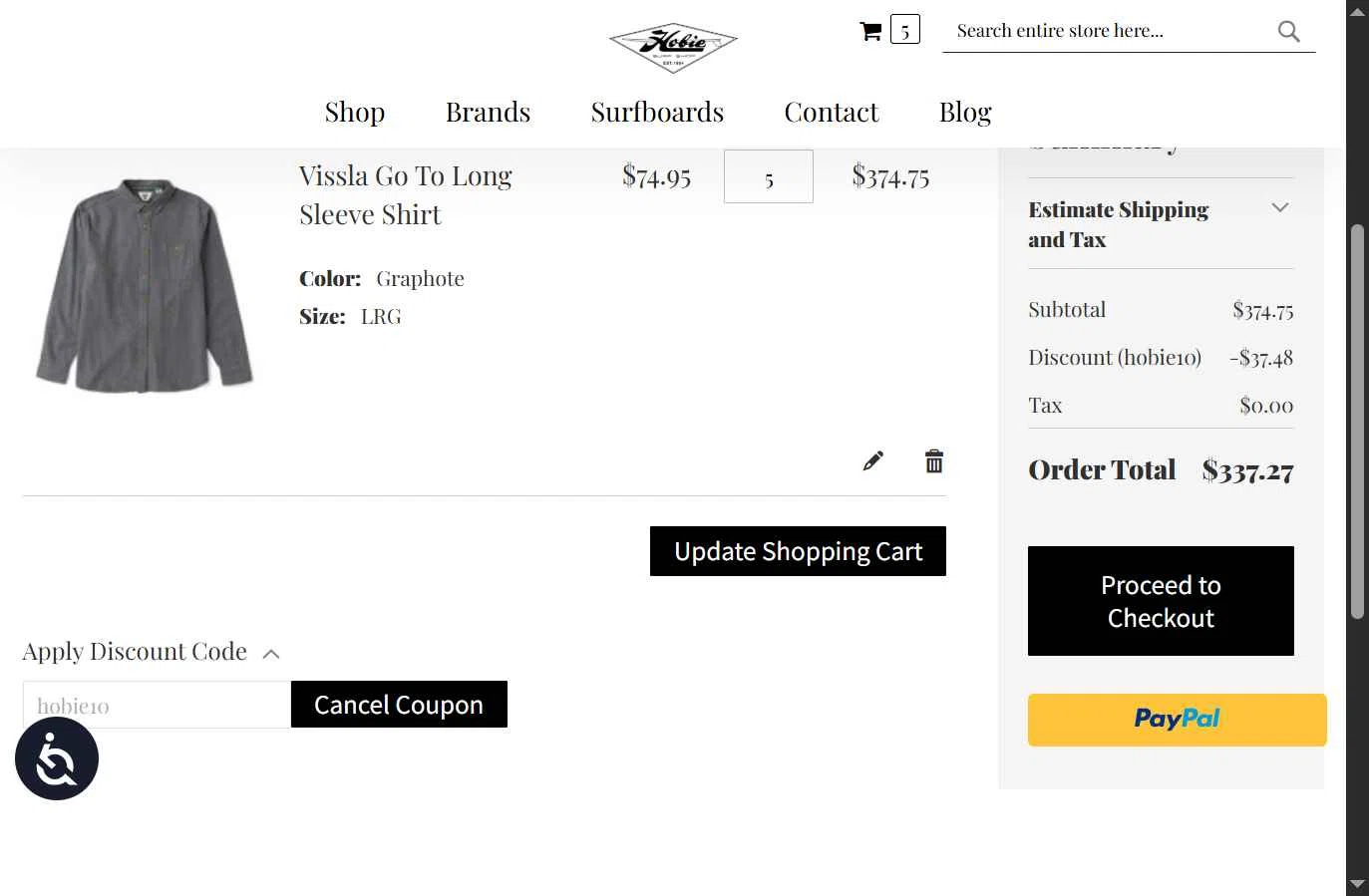 Hobie Surf Shop checkout page showing Hobie Surf Shop discount code box | Screenshot taken by SimplyCodes community member on Jul 20, 2025