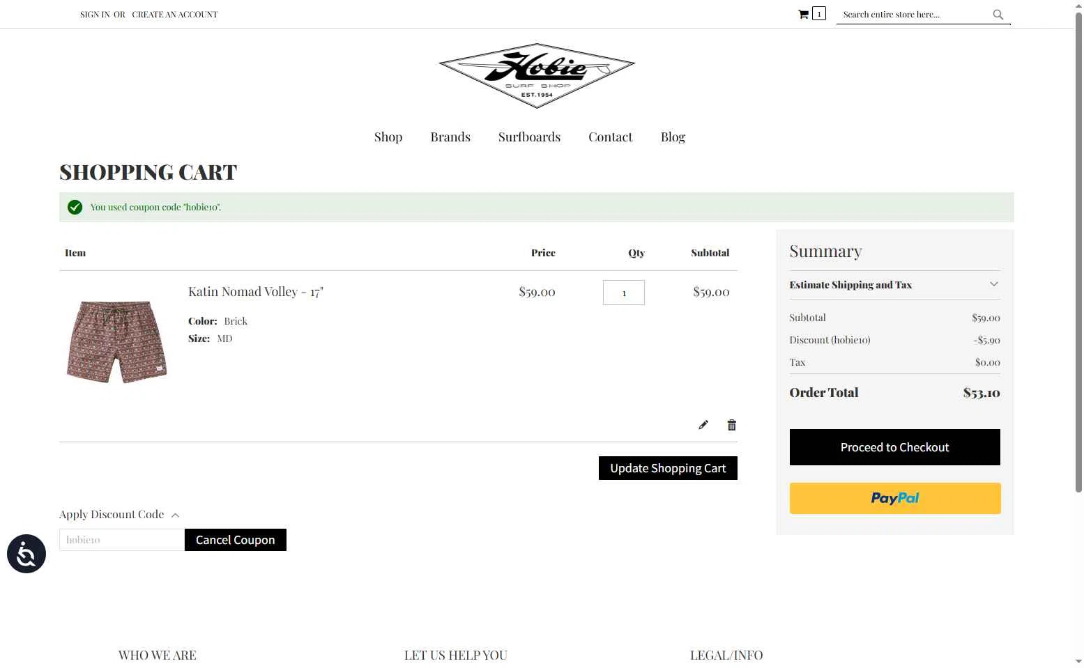 Hobie Surf Shop checkout page showing Hobie Surf Shop discount code box | Screenshot taken by SimplyCodes community member on Jul 20, 2025