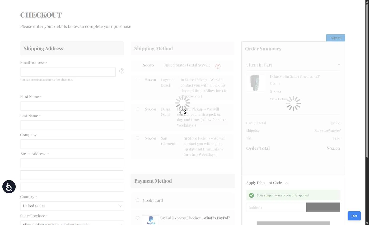 Hobie Surf Shop checkout page showing Hobie Surf Shop discount code box | Screenshot taken by SimplyCodes community member on Jun 21, 2025